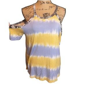Bibi Women Boho Tie Dye Hippie Cold Shoulder Tunic Top Blouse Yellow Blue Medium